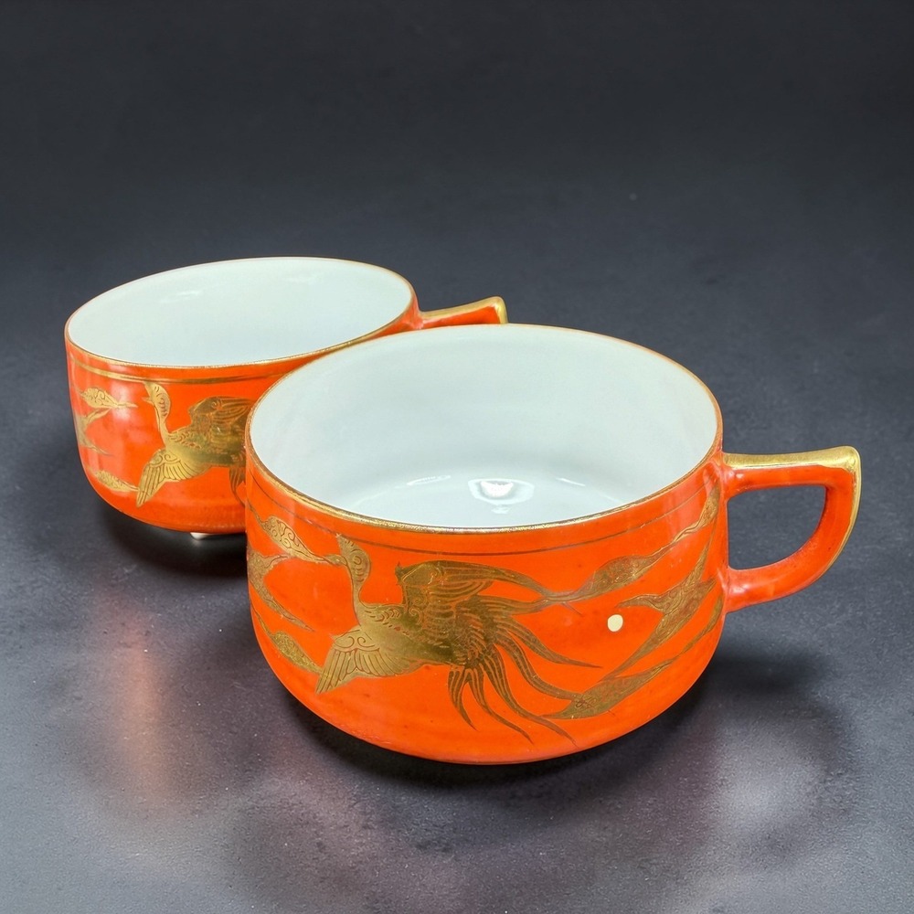 Vintage Kutani Yaki Japanese Porcelain Cups Orange Red Gold Phoenix Crane Set